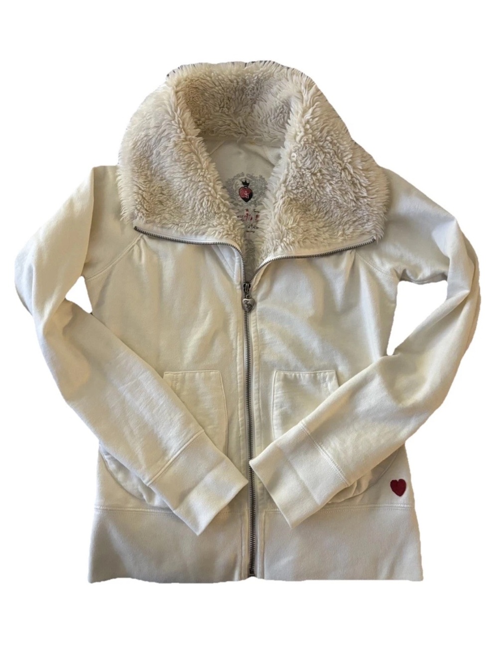 Y2K TWISTED HEART Beaded Heart Embroidered Zip Up Faux Fur Trim Hoodie S Ivory